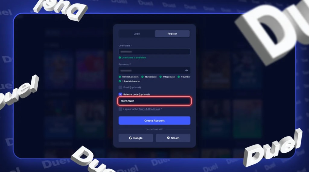 Screenshot of the Duel sign-up screen on mobile