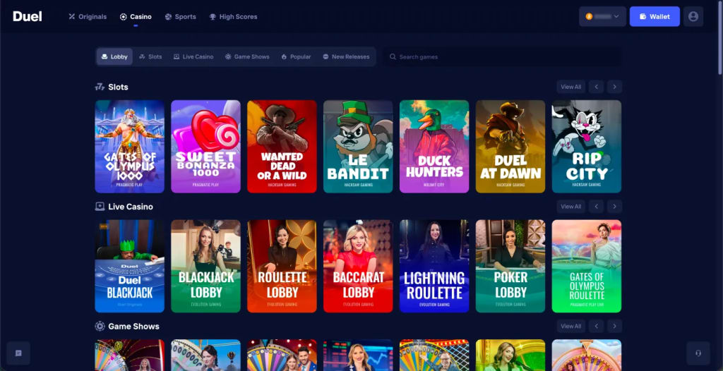 Screenshot of the Duel slots lobby